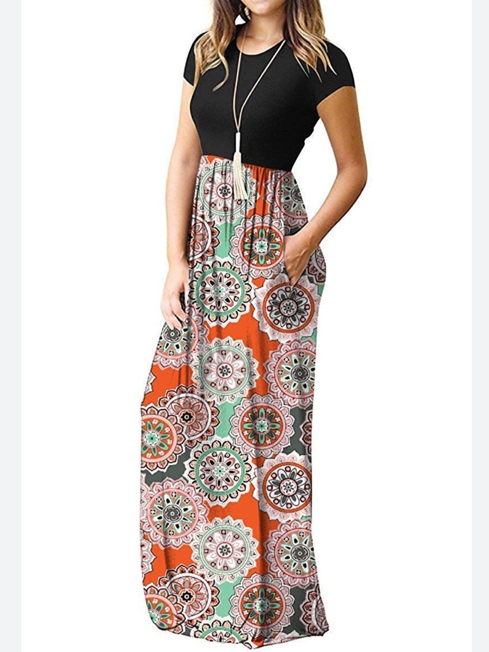 Auselily Solid Top Print Skirt Maxi Dress‎